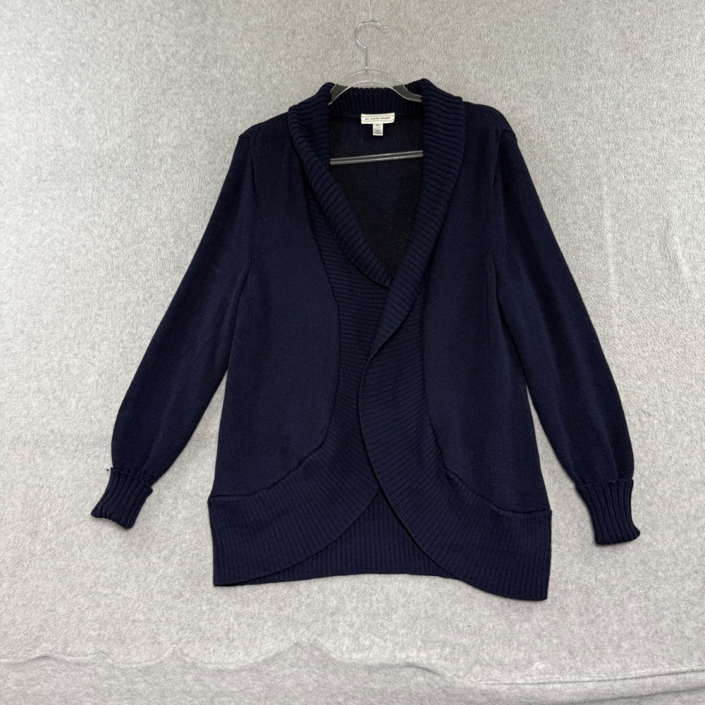 St. John Sport Cardigan Womens M Navy Blue Wool Blend Shawl Collar Open Front